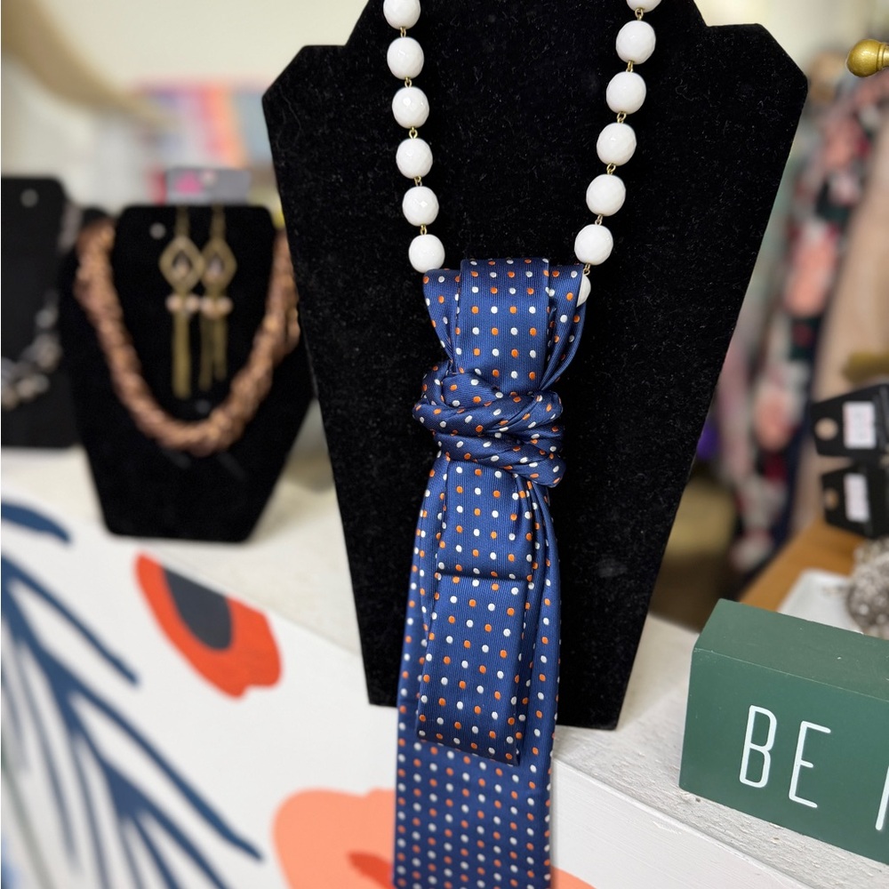 Elegant Blue Polka Dot Scarf Necklace